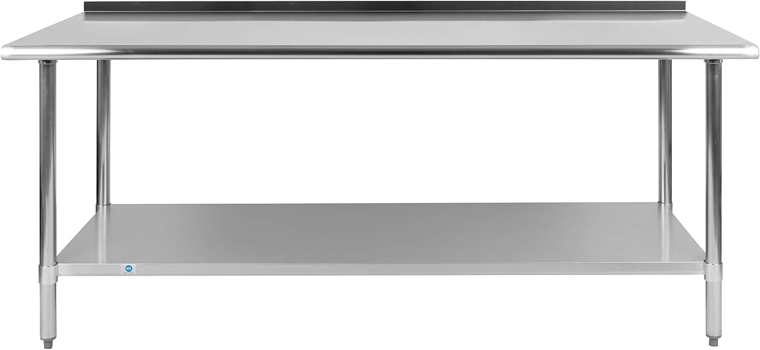 EMMA + OLIVER Stainless Steel 18 Gauge Kitchen Prep and Work Table with Backsplash and Shelf, NSF - 72" W x 30" D