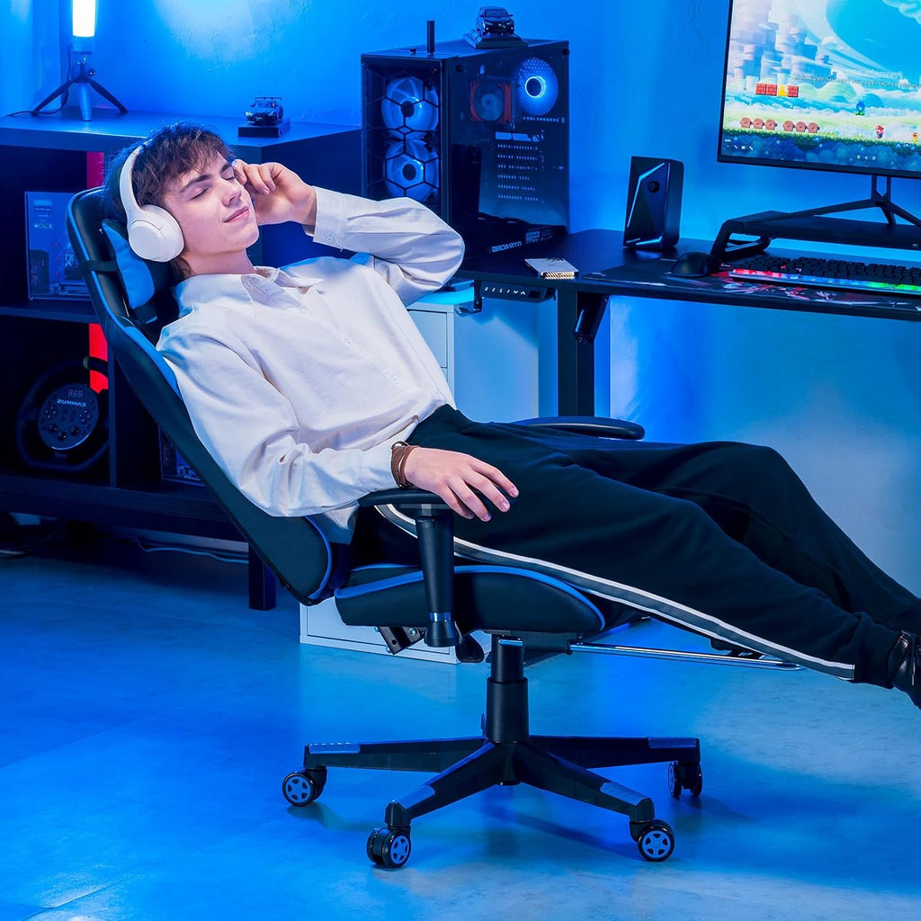 GTPLAYER Gaming Chair with Footrest, Ergonomic Computer Game Desk Chair, Recline Gaming Chair Seat Height Adjustment, Swivel Rocker with Headrest and Lumbar (Blue)