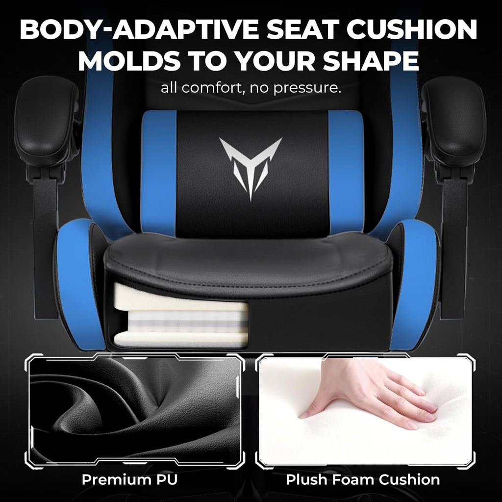 GTPLAYER Gaming Chair High Back Computer Chairs with Foot Rest for Adults, Ergonomic Height Adjustable Recliner Chair 300lbs with Linkage Armrest and Lumbar Support for Home Office, Blue