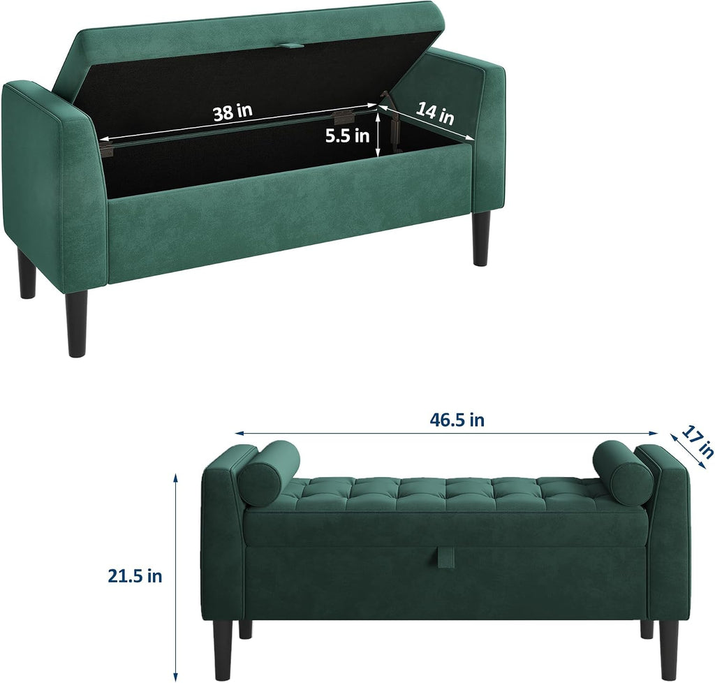 GarveeTech 47" Storage Ottoman Bench, Velvet Angled Arm Entryway Bench with Storage, Tufted Seat for End of Bed, Modern Hallway Furniture, Green