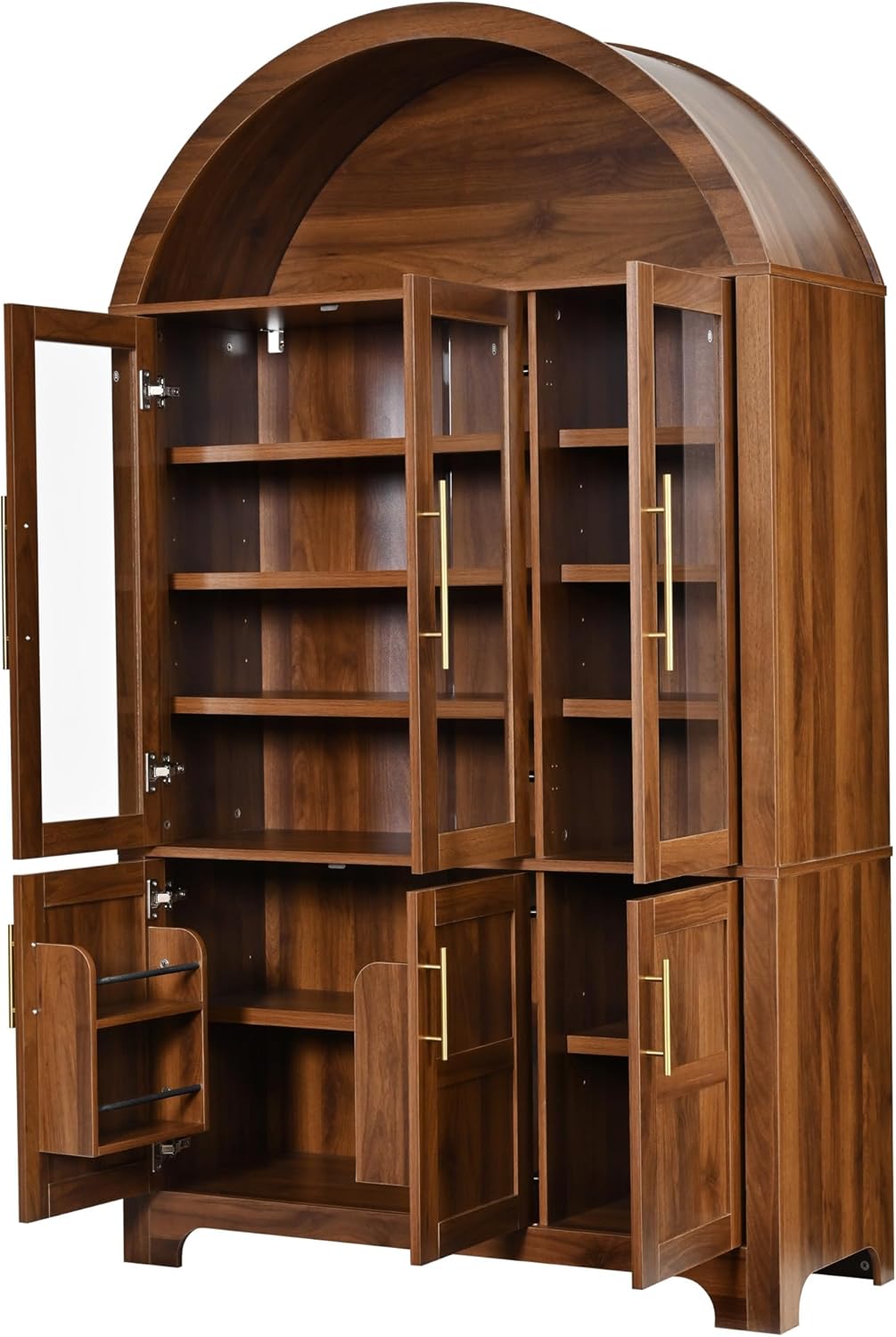 73" Tall Arched Kitchen Pantry with Three Glass Doors,Door Shelves & Adjustable Shelves, Tall Cupboard for Dining Room, Bathroom (Walnut-CW)