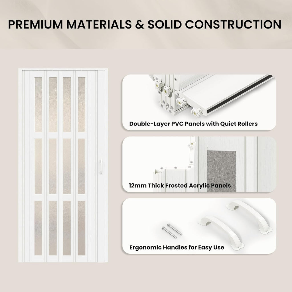 SmartStandard 30" x 80" Accordion Doors Interior, Double-Layer Accordion Doors for Doorway Closet Bathroom, PVC Folding Door Interior with Frosted Acrylic Glass, Full-Side Magnetic Strip, White
