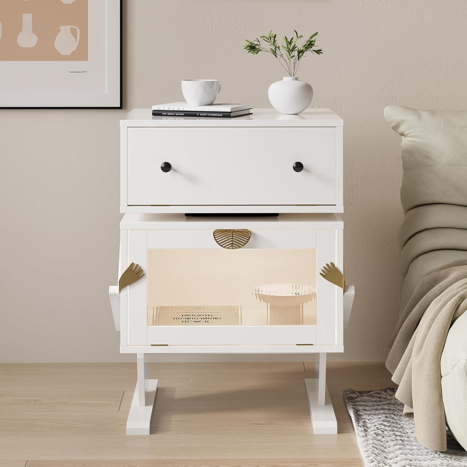 May in Color End Table with LED Light Strips, Creative End Table with Storage, Wood Night Stand Cabinet, Modern Bedside Table with 360° Rotating Drawer for Living Room, Bedroom, Nursery, White