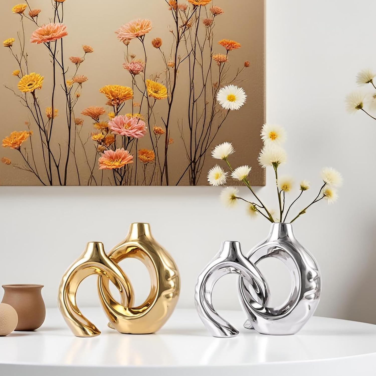 Ceramic Vase Set of 2 for Modern Home Decor,Round Boho Vase for Pampas Grass,Neutral Minimalist Statue for Dining Room Table Centerpiece Dining Room,Wedding Table Decoration (Silver1)