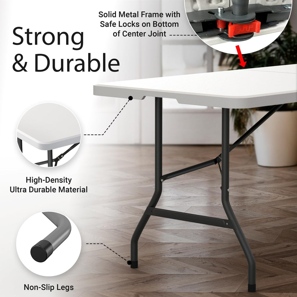 2 Pack of 6 Feet Foldable Table with Built in Handle & Steel Legs | Heavy Duty Portable | Perfect for Party, Dining, Wedding, Events, Picnic Indoor, Outdoor, Camping, Utility, Temporary