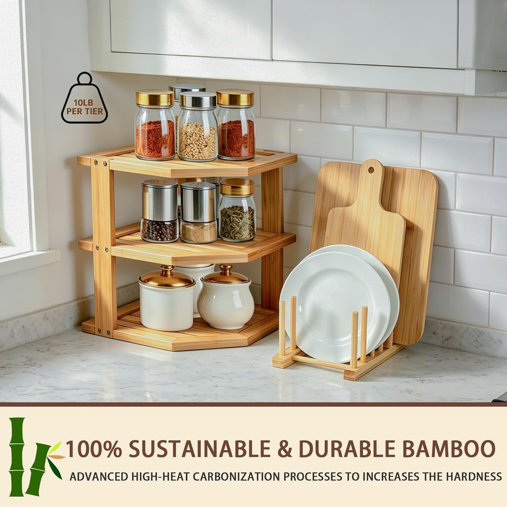 Bamboo Plate Organizer for Cabinet Set,3 Tier Corner Shelf & Vertical Plate Holder, Durable Space Saver Wooden Dish Racks for Kitchen Cabinet RV Plates,Dishes,Bowls,Spice,Lids,Bread Pantry - 1 Set