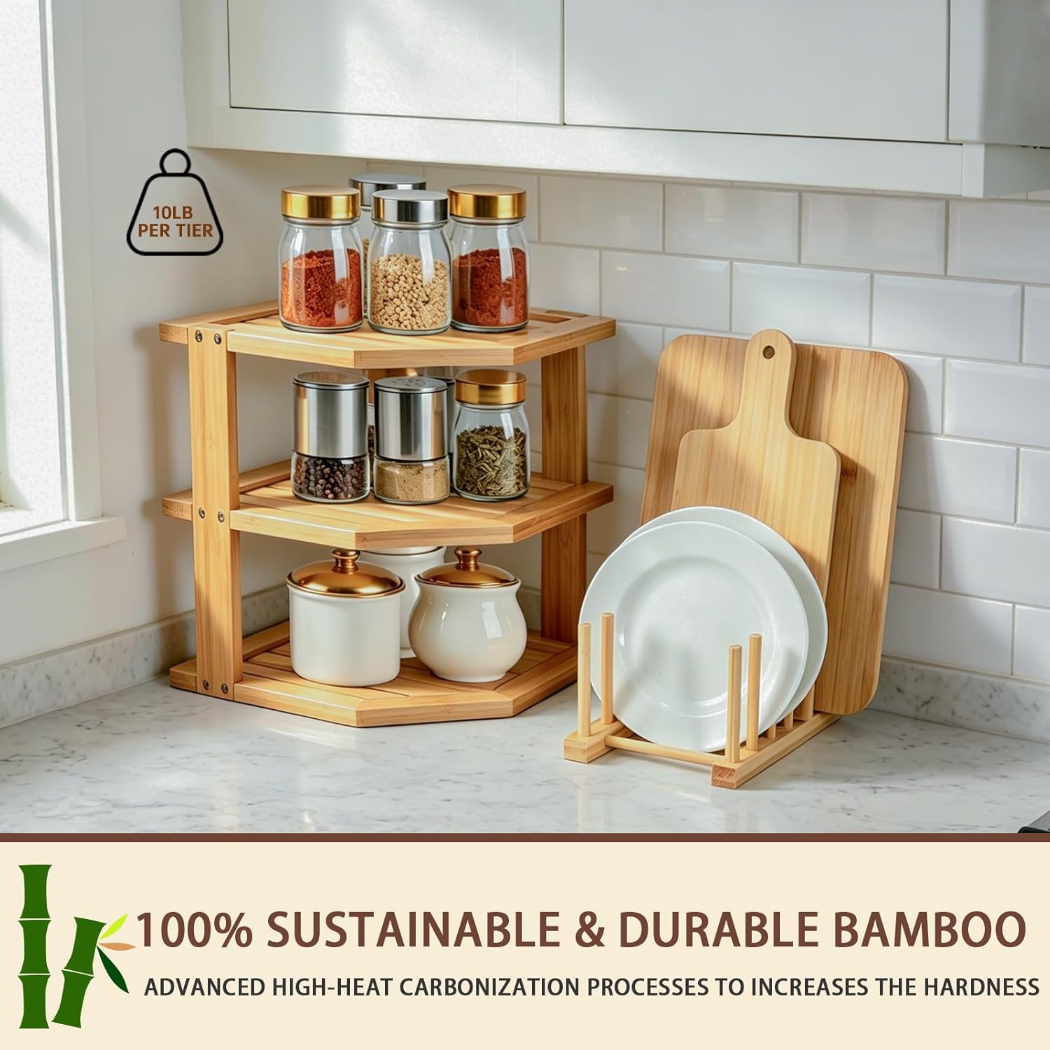 Bamboo Plate Organizer for Cabinet Set,3 Tier Corner Shelf & Vertical Plate Holder, Durable Space Saver Wooden Dish Racks for Kitchen Cabinet RV Plates,Dishes,Bowls,Spice,Lids,Bread Pantry - 1 Set