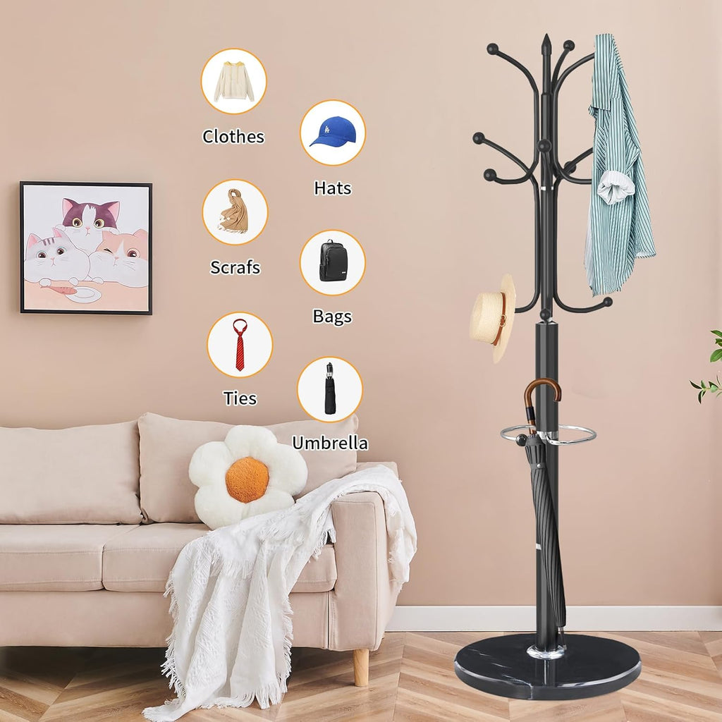 ZOZOE Metal Coat Rack Stand, Modern Coat Rack Freestanding with Natural Marble Base, Sturdy Coat Racks with 12 Hooks & Umbrella Holder,Black Coat Tree Hanger Stand for Bags,Hats,Entryway,Office