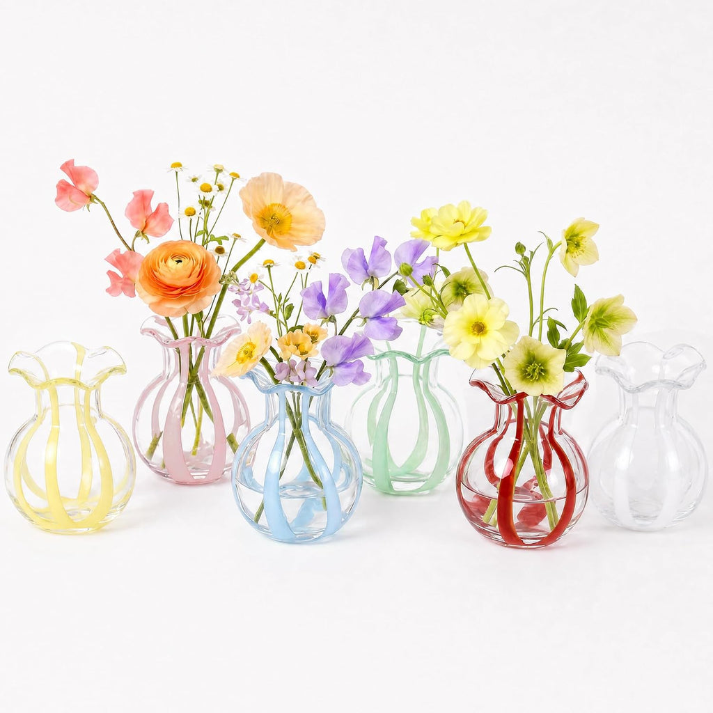Ruffled Ribbon Hand-Blown Glass Vase Set Small Clear Flower Vases for Centerpieces, Weddings, and Home Decor, Thickened Base for Stability