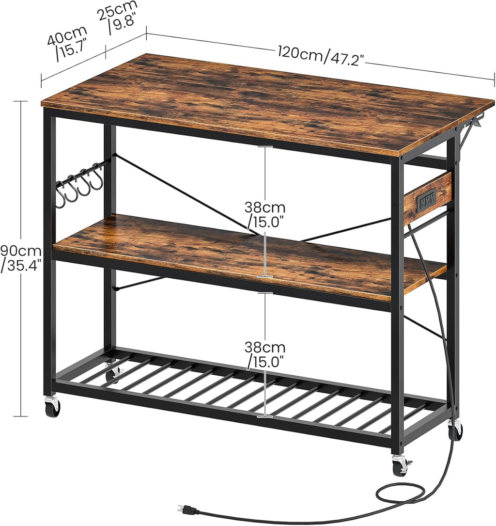 CHOEZON Kitchen Island with Power Outlet and Folding Top, Movable with 3-Tier Storage, Large Size, Wooden Shelves and Wine Rack, for Kitchen, Dining and Living Room, Rustic Brown and Black TZD02UBF