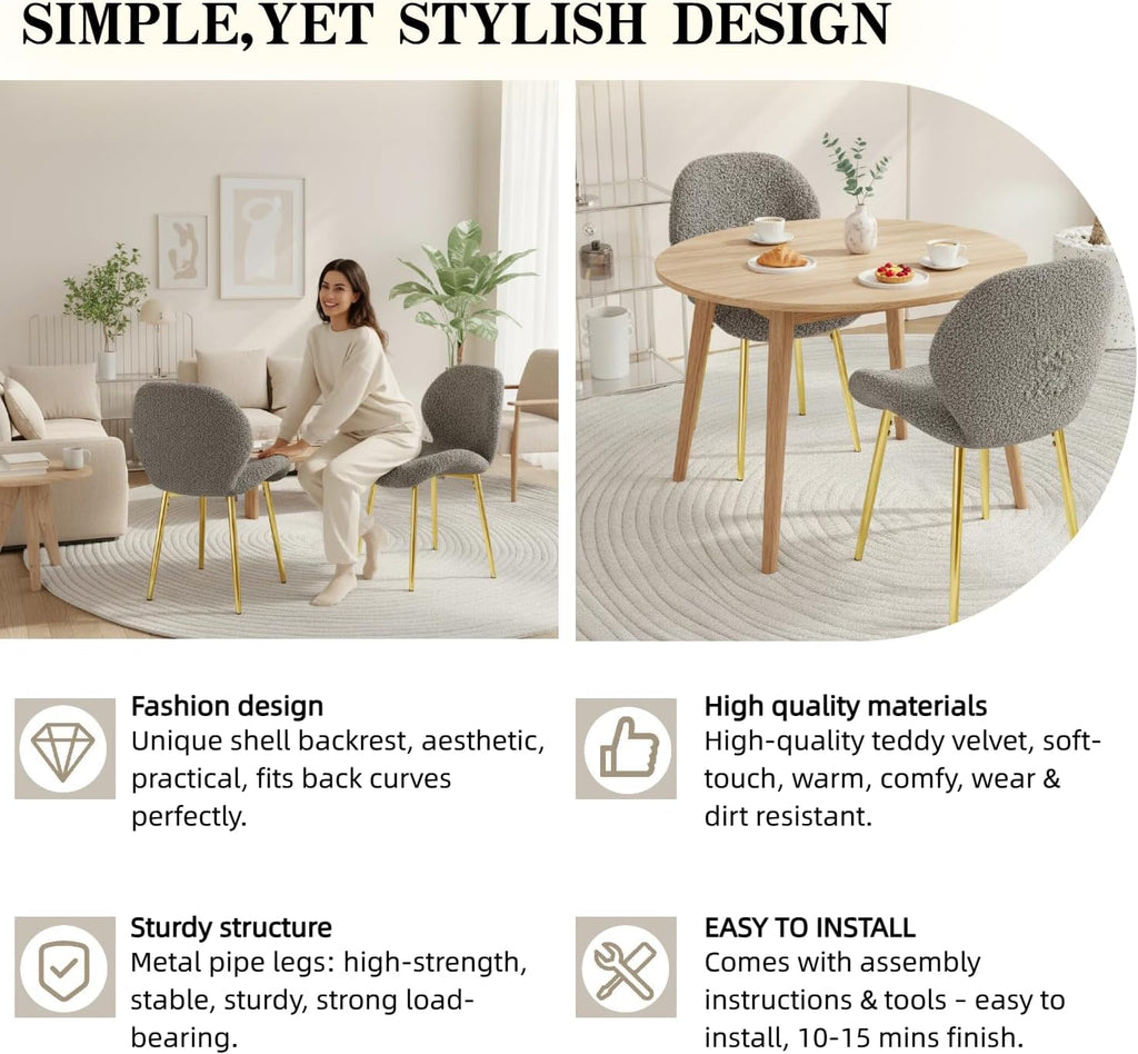 Set of 2 Soft Teddy Velvet Dining Chairs with Shell-Shaped Back, Stable Metal Legs, Easy Assembly | Perfect for Kitchen, Living Room, Restaurant, Cafe (Grey)