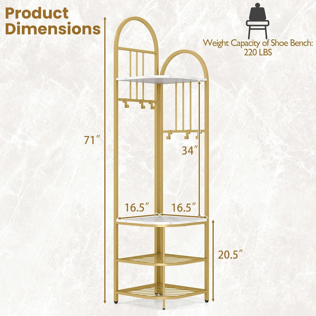 Tangkula Corner Hall Tree, 71 Inch Tall Entryway Coat Rack with Shoe Bench & 4 Storage Shelves, 6 Movable Hooks, Freestanding Metal Corner Clothes Rack for Bedroom Hallway Living Room
