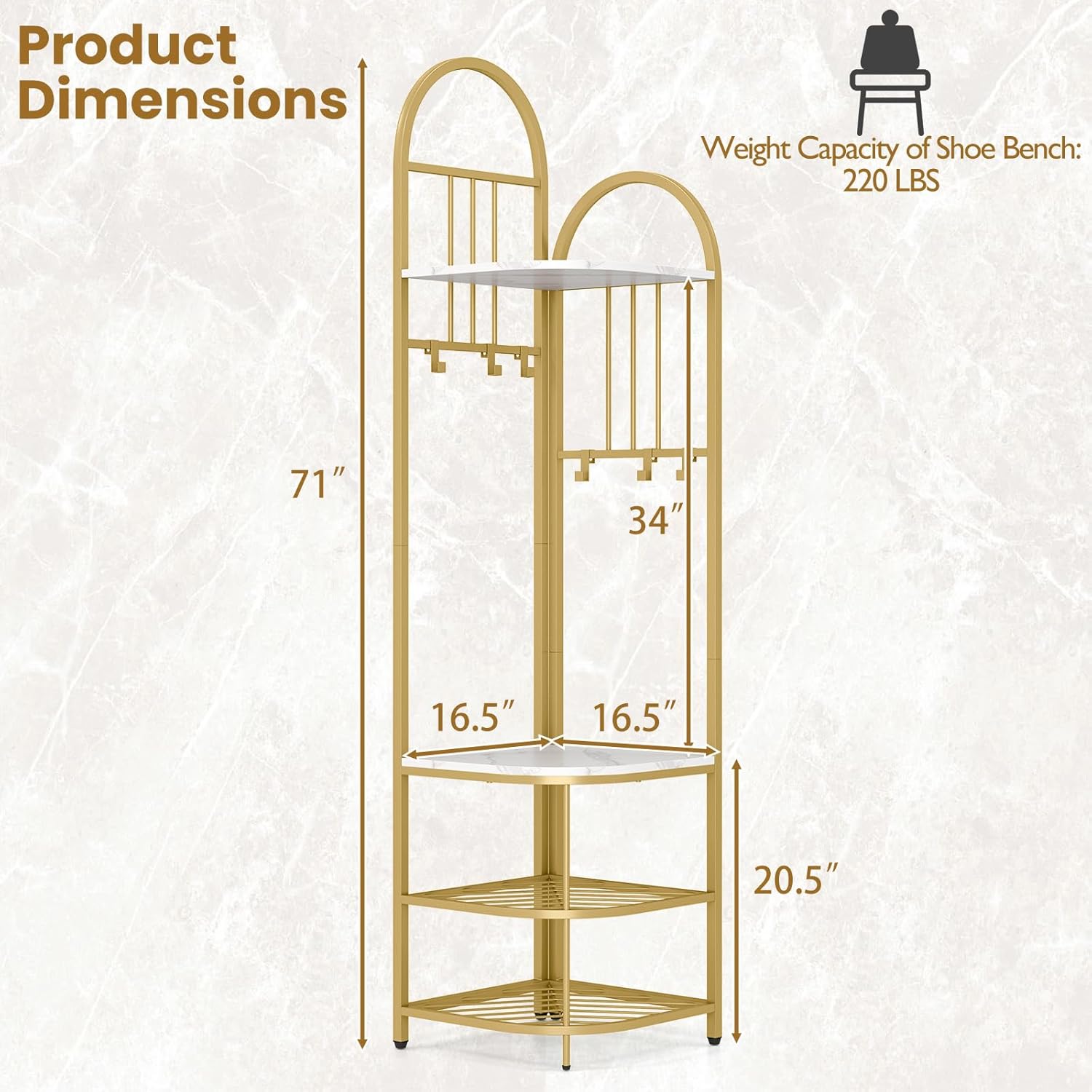 Tangkula Corner Hall Tree, 71 Inch Tall Entryway Coat Rack with Shoe Bench & 4 Storage Shelves, 6 Movable Hooks, Freestanding Metal Corner Clothes Rack for Bedroom Hallway Living Room