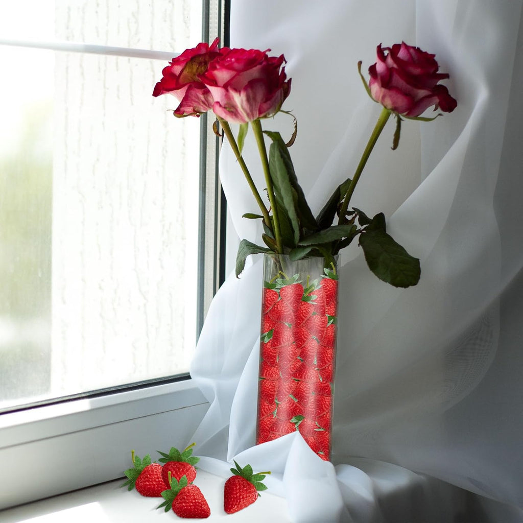 Lyrow 100 Pieces Artificial Strawberries 2.2inch/2.76inch/3.35inch Faux Realistic Strawberry Decor Plastic Simulation Fake Lifelike Fruit for Photography Prop Cabinet Party(Cute)