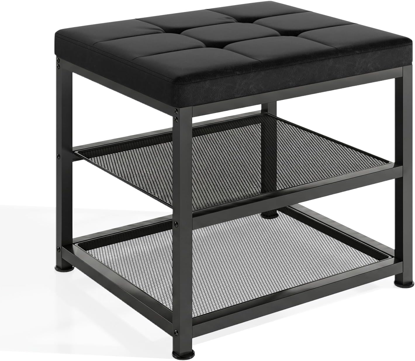 Small Shoe Storage Bench with PU Leather Seat Cushion, 3-Tier Freestanding Shoe Rack Organizer for Entryway, Heavy-Duty Metal Mesh Shelves, Supports Up to 300 lbs, Black (15.7"x11.4"x17.5")