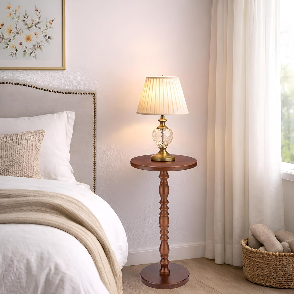 Solid Wood Round Side Table, Rustic Pedestal Drink Table for Small Spaces, Accent Nightstand Table for Living Room, Bedroom, Corners, and Office, Brown