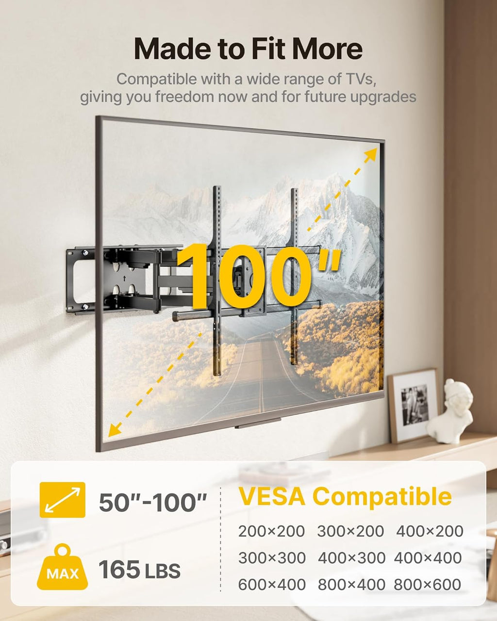 monTEK Full Motion TV Wall Mount for 50-100 Inch Large TVs up to 165 lbs, Long 25" Extension Articulating TV Mount Bracket for Off-Center Wood Studs 16" 18" 24", Max VESA 800x600