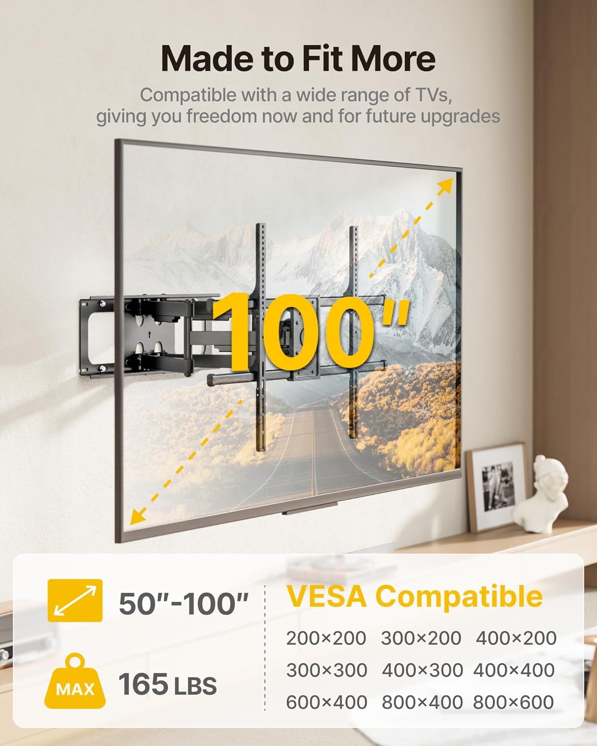 monTEK Full Motion TV Wall Mount for 50-100 Inch Large TVs up to 165 lbs, Long 25" Extension Articulating TV Mount Bracket for Off-Center Wood Studs 16" 18" 24", Max VESA 800x600