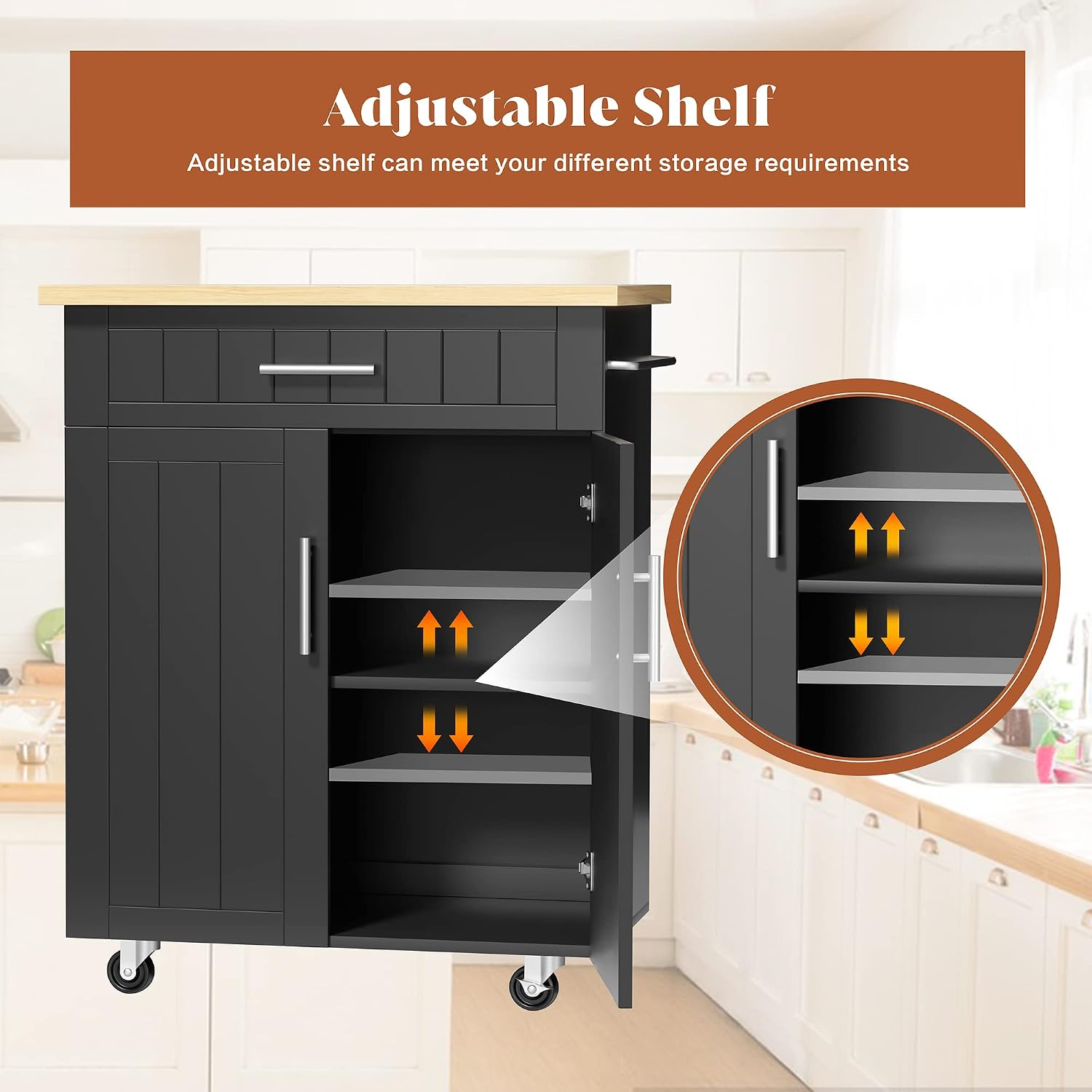 JY QAQA 26" Kitchen Island on Wheels with Storage Cabinet Kitchen Cart Cabinet with Shelves, Cart Handle for Towel Rack or Free Mobility, Portable Islands for Kitchen,Black