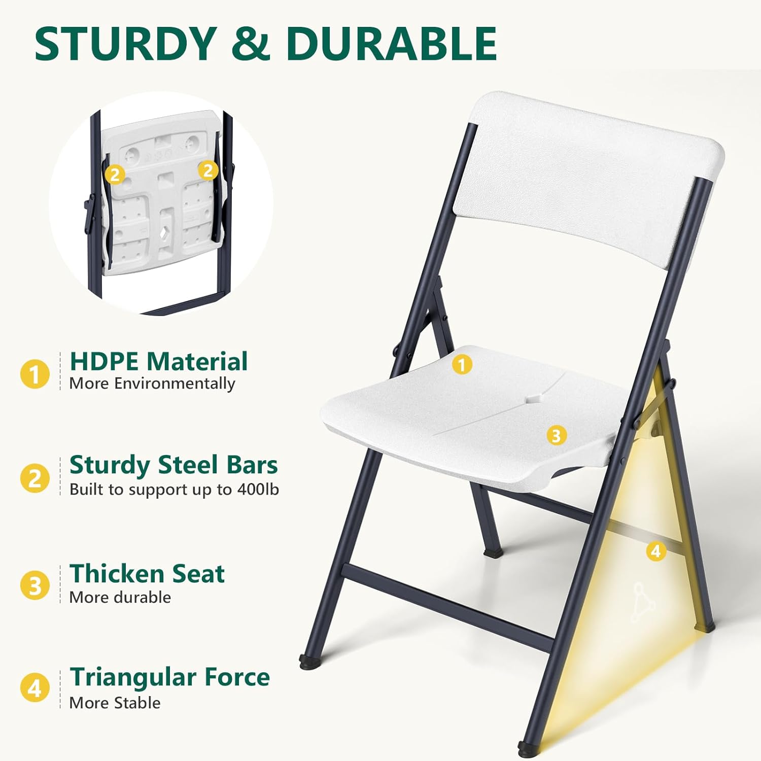 White Folding Chairs 4 Pack, Outdoor Portable Plastic Foldable Chairs with Metal Frame, 300lbs Capacity Heavy Duty Folding Chairs for Patio, Picnic, Kitchen, Dining, Party