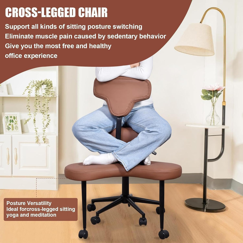 Ergonomic Criss Cross Chair for ADHD, Height Adjustable 47.5-59cm, Dual-Layer Cushion Converts to Regular Seat, PU Leather, Wheels, Adjustable Backrest 90-120°, Perfect for Home Office Meditation