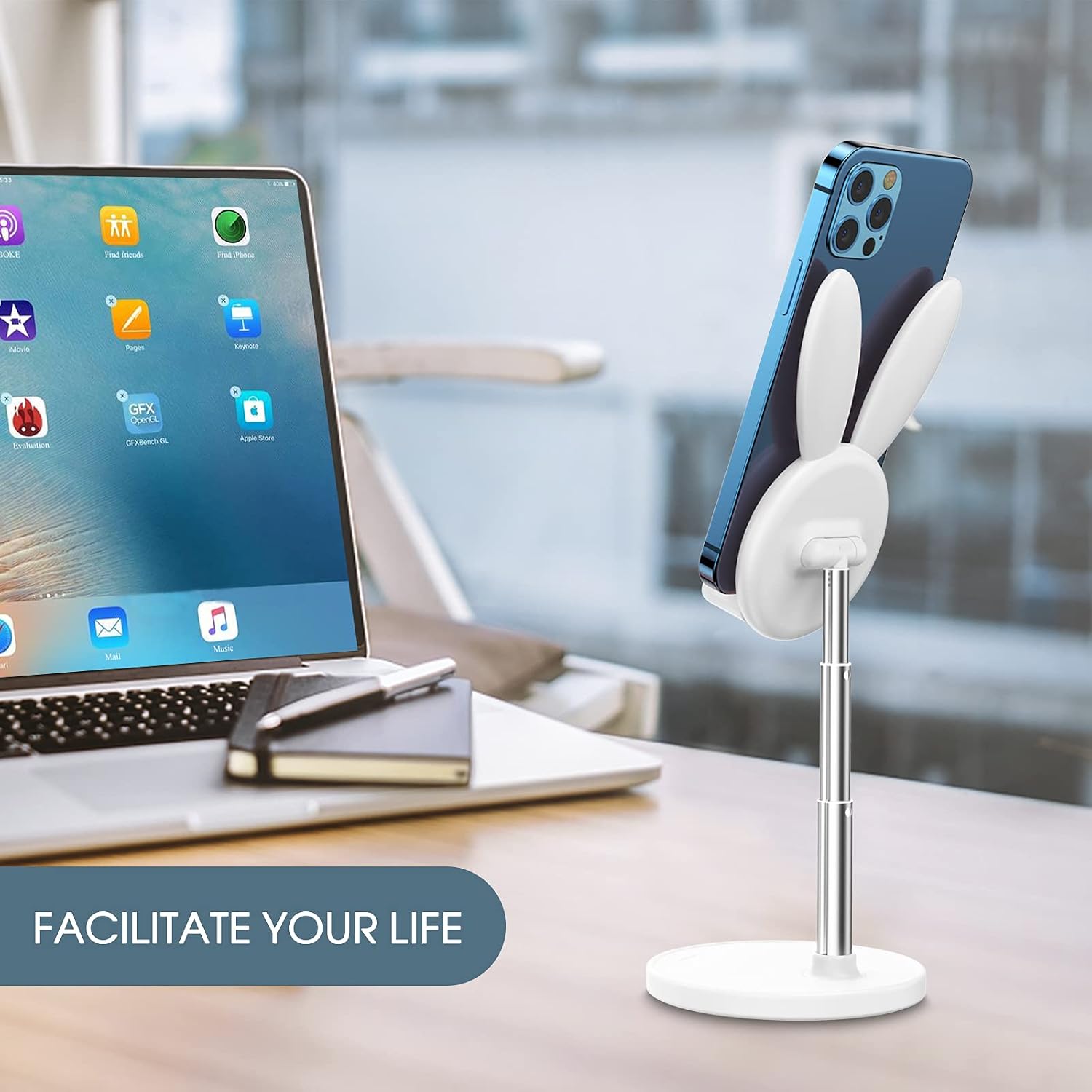 OATSBASF Cute Bunny Phone Stand, Adjustable Cell Phone Holder for Desk, Weighted Base Kawaii Desk Accessories, Aesthetic Room Decor Gift for Women/Girls/Kids, Compatible with All Phones