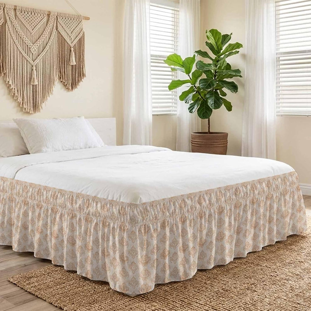 Vintage Boho Bed Skirt Cal King Size Bed Skirting 18 Inch Drop Adjustable Elastic Dust Ruffles Wrap Around Bedskirt Farmhouse Chic Traditional Floral Pattern Bedding Frame Cover for Cal King Size
