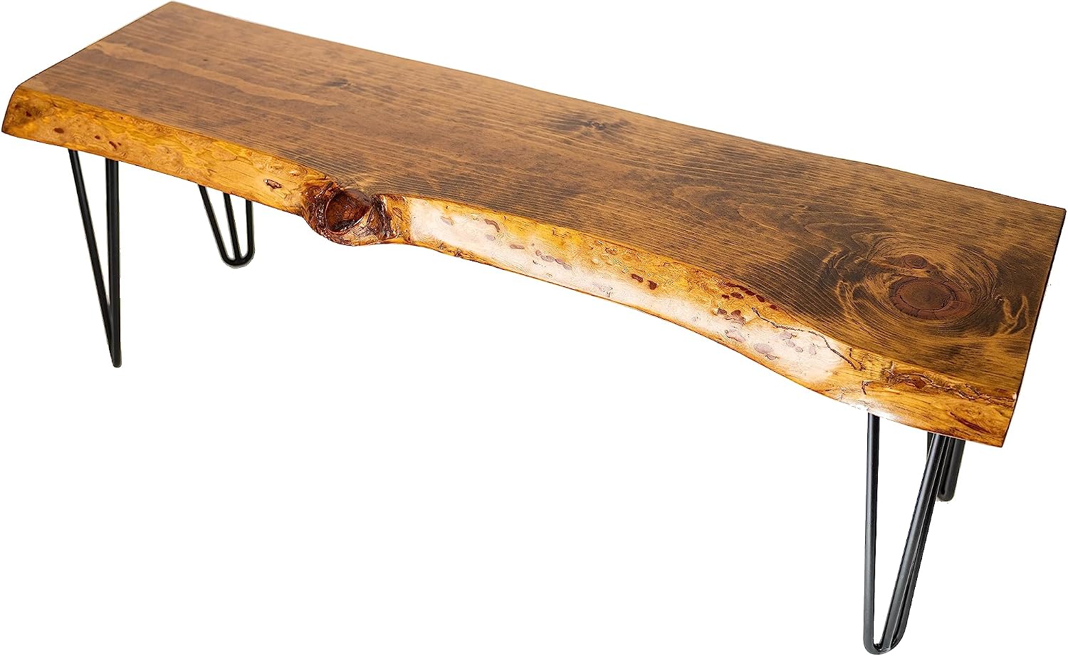 SRL Rustic Logwerks Hairpin Leg Wood Bench - Live Edge Small Bench for Home & Kitchen— Handcrafted Wooden Bench — Rustic Furniture (36”, 3Ft Honey Pine, Black Hairpin Legs)