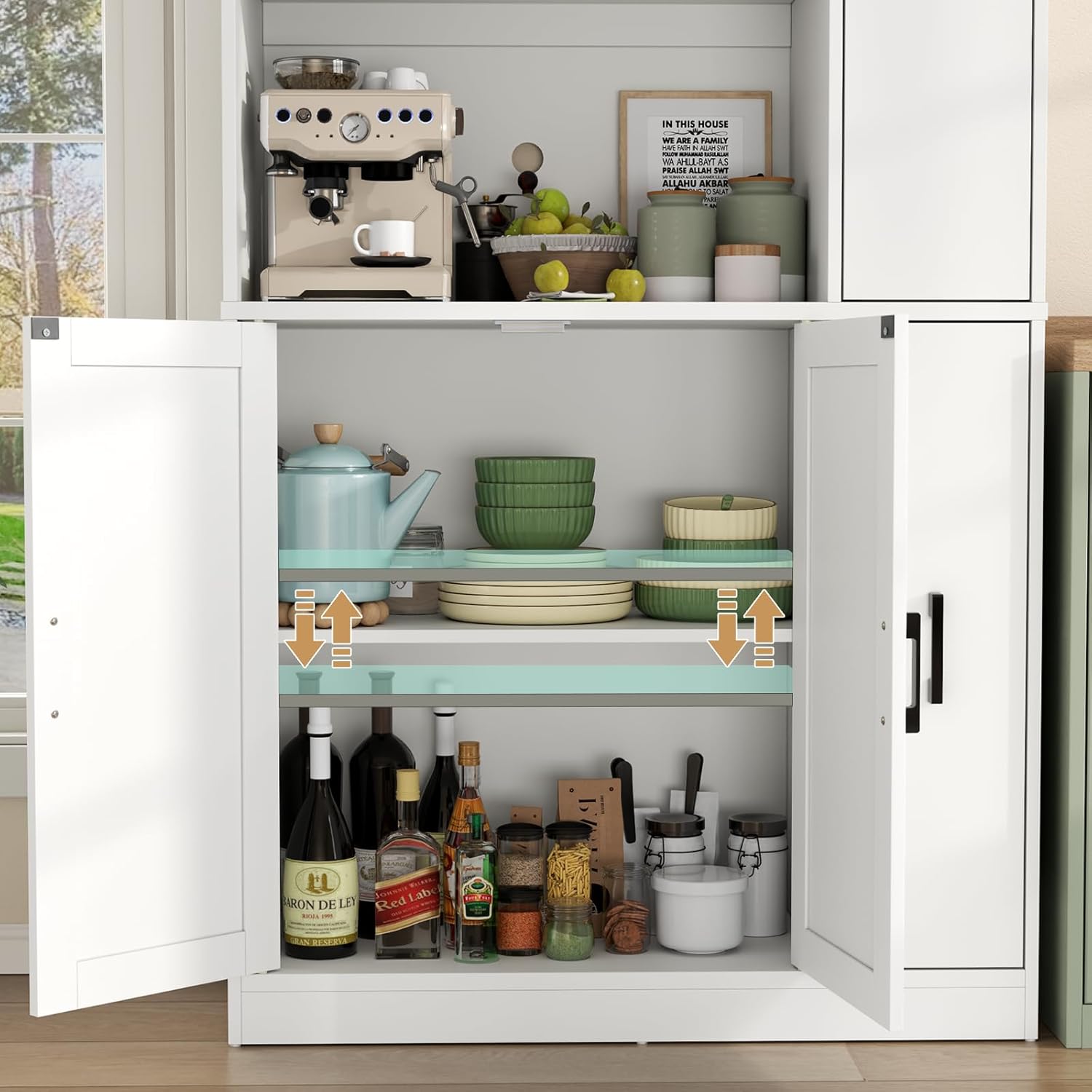 Gyfimoie 68" Tall Kitchen Pantry Cabinet with Side Drawer, Kitchen Pantry Storage Cabinet with Acrylic Door,Freestanding Food Hutch with Microwave Stand for Dining Room (White)