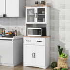 67'' H Kitchen Pantry Cabinet, Modern White Tall Storage Cabinet with Glass Doors and Drawers, Kitchen Storage Microwave Cabinet for Dining Room