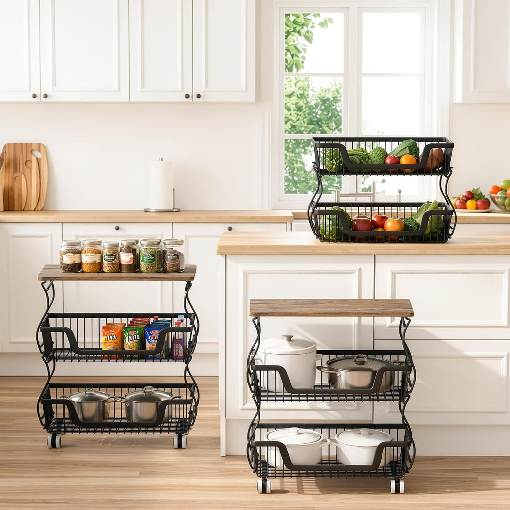 3-Tier Rolling Kitchen Storage Cart Fruit Basket Stand for Vegetables & Snacks Stackable Wire Pantry Floor Organizer with Wheels for Kitchen, Living Room, Bedroom, Office (Black)