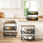 3-Tier Rolling Kitchen Storage Cart Fruit Basket Stand for Vegetables & Snacks Stackable Wire Pantry Floor Organizer with Wheels for Kitchen, Living Room, Bedroom, Office (Black)