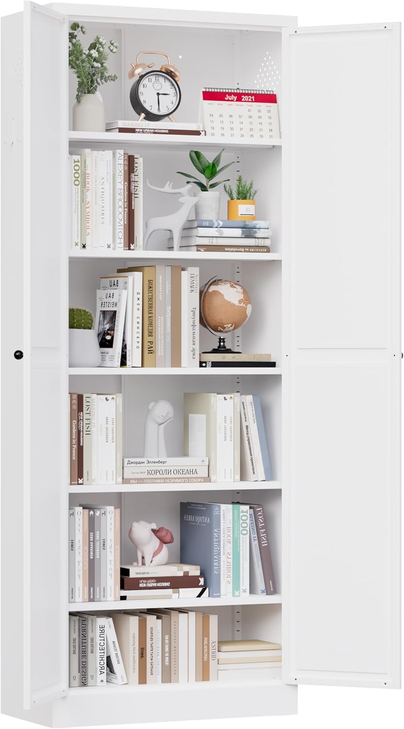 72" White Metal Kitchen Pantry Cabinet with Doors & 5 Adjustable Shelves, Heavy-Duty Freestanding Storage Organizer Utility Cupboard for Pantry, Kitchen, Bathroom