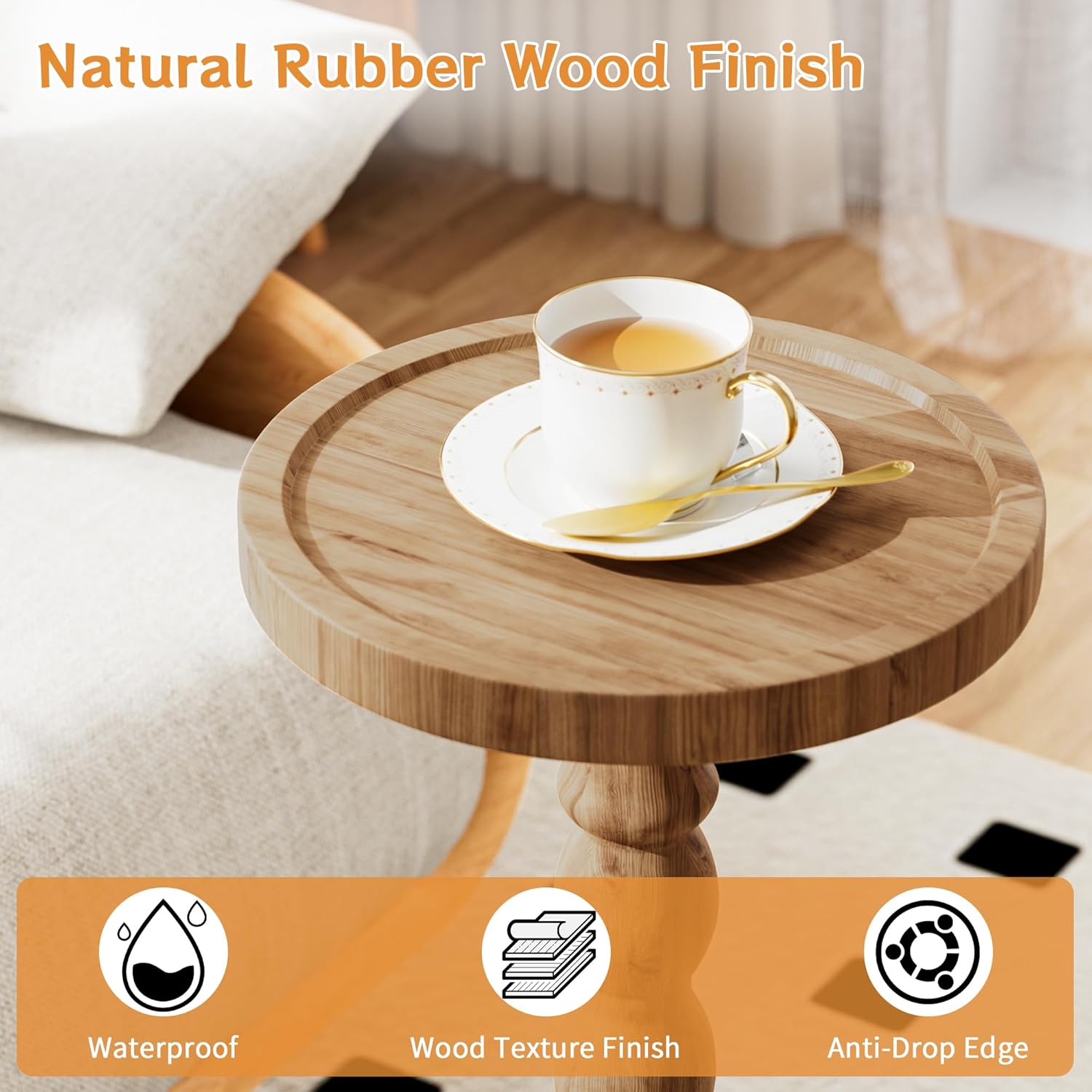 Rubber Wood Round Side Table, Solid Wood Small Drink Table for Small Spaces, Modern Accent Tables, End Tables for Living Room, Bedroom and Office (Brown, 9.4 Inch)