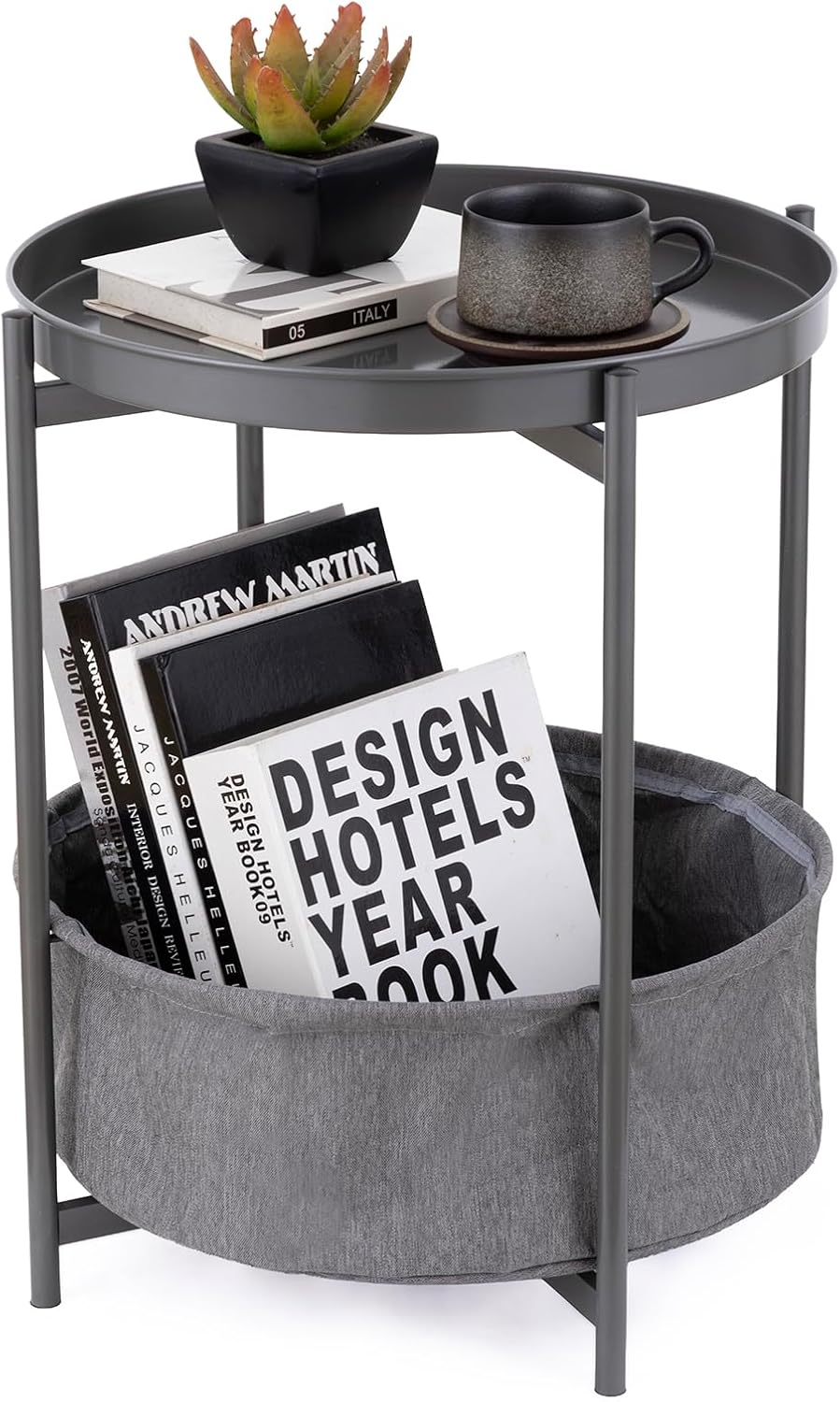 Round Side Table with Fabric Storage Basket, Metal Nightstand with Removable Tray Top, for Living Room, Bedroom, Nursery, Bathroom