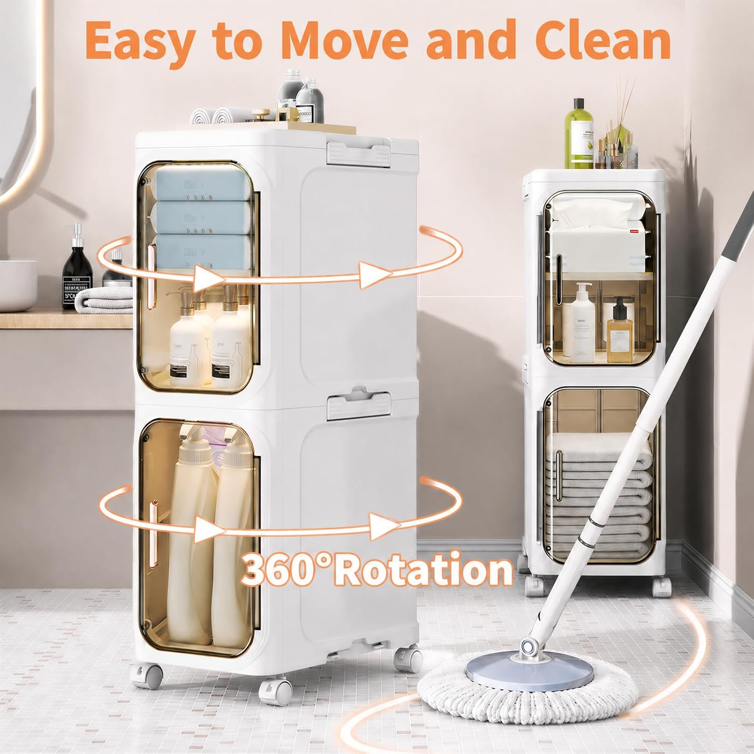 2-Tier Slim Bathroom Storage Cabinet, Narrow Storage Cabinet with Wheels, Adjustable Shelves, Magnetic Doors, Water-Proof, Anti-Tip Skinny Organizer Cabinet for Small Space, Cream White