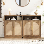 HOKYHOKY Rattan Shoe Storage Cabinet with 2 Arched Doors, 5-Tier Deep Shoe Organizer with Adjustable Shelves, Farmhouse Boho Shoe Rack Cabinet for Entryway,Rustic Oak