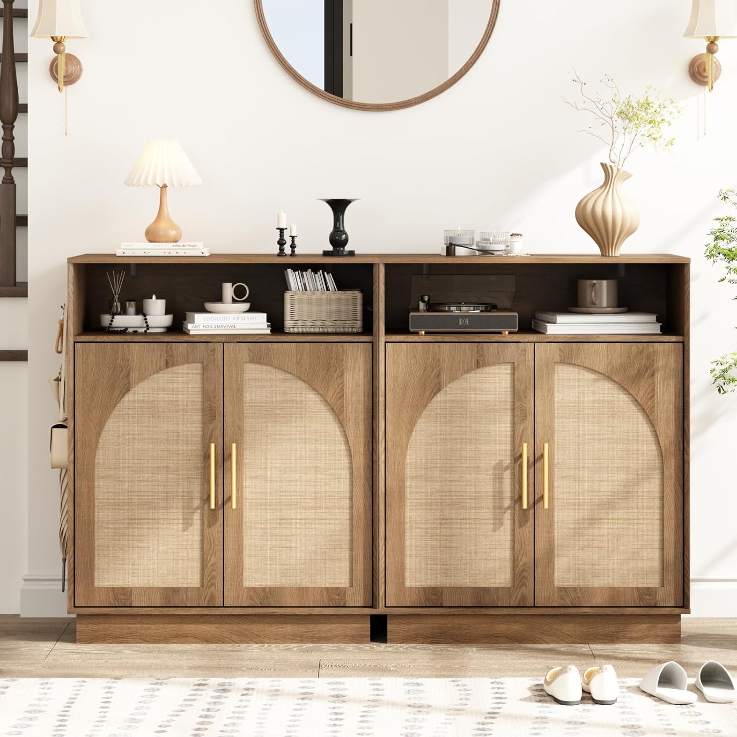 HOKYHOKY Rattan Shoe Storage Cabinet with 2 Arched Doors, 5-Tier Deep Shoe Organizer with Adjustable Shelves, Farmhouse Boho Shoe Rack Cabinet for Entryway,Rustic Oak