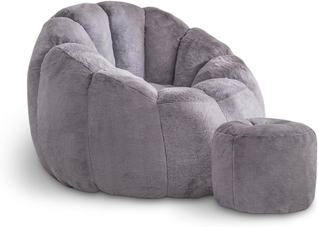 Bean Bag Chair, Bean Bag Chair with Ottoman, Stuffed Bean Bag Chairs with Filler, Big Beanbag Chairs with Filling for Living Room (Faux Fur in Gray, 40.6" D×41.4" W×27.6" H)