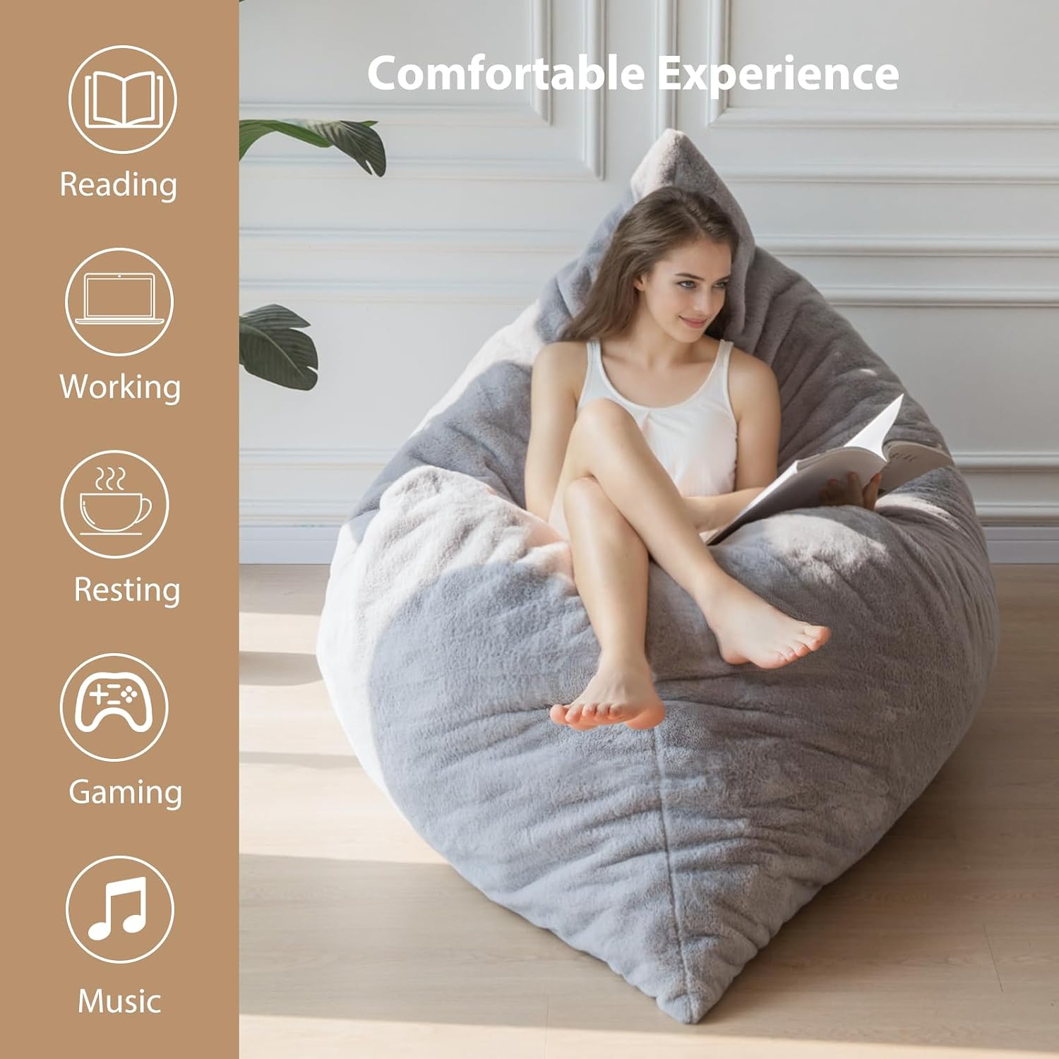 BYBYME 3 in 1 Bean Bag Chair, Convertible Chair Folds from Bean Bag to Lounger, High-Density Foam Filling, Faux Fur Big Sofa Bed, Giant Bean Bag Chair Bed for Adults