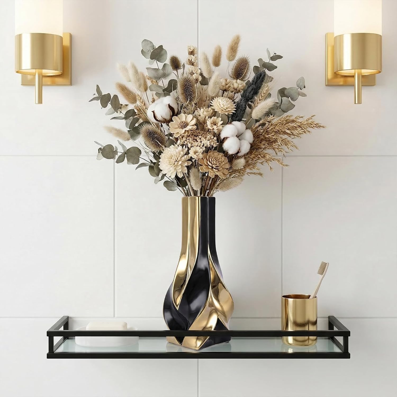10.6" Black and Gold Ceramic Vase, Modern Geometric Flower Vase for Dining Table Centerpiece, Elegant Decorative Vase for Pampas Grass, Living Room, Bedroom, Office, Tabletop Decoration
