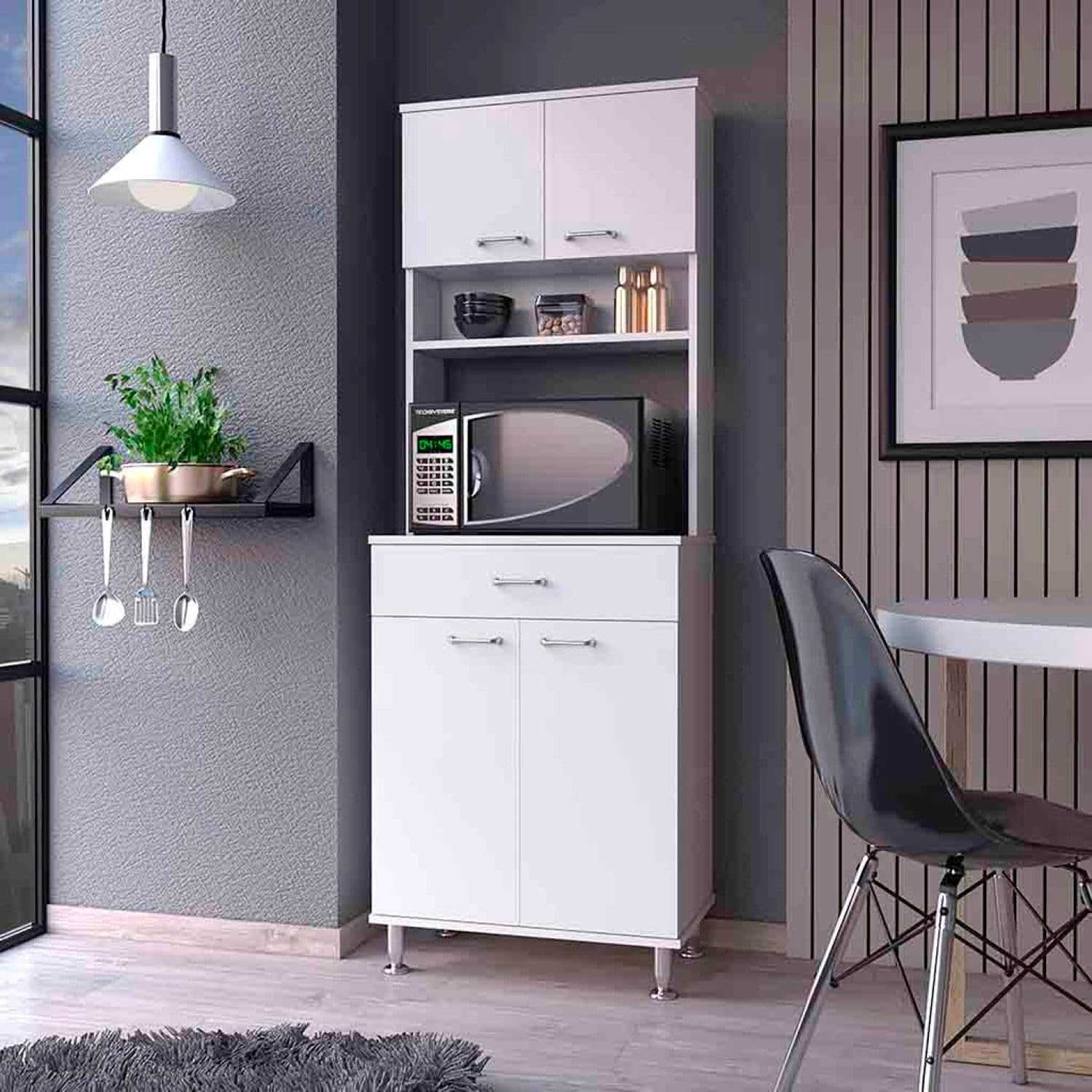 Bay Area Pantry with Two Door Cabinets, One Drawer and Adjustable Metal Legs - White