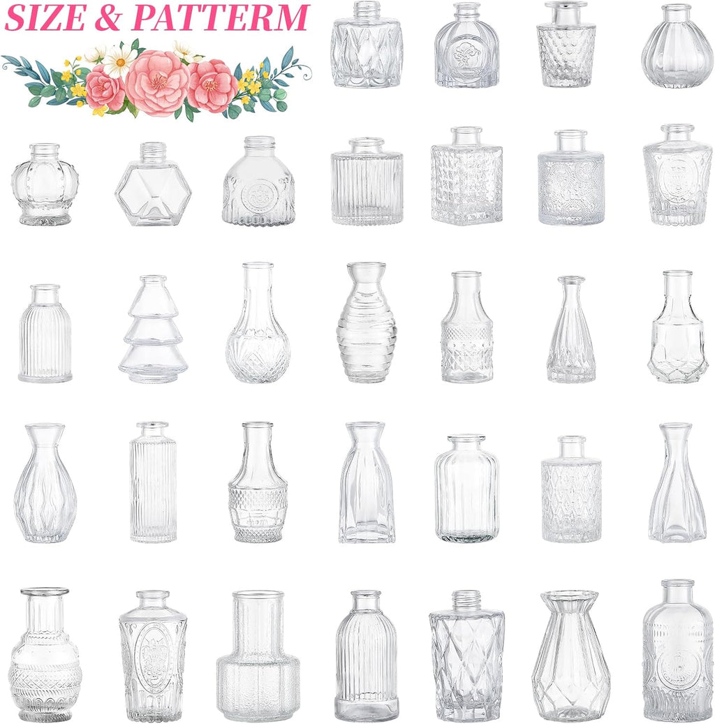32 Pcs Clear Glass Bud Vases in Bulk, Small Vintage Bud Vase Set for Flowers, Mini Glass Vases for Wedding Centerpieces, Baby Shower, Table Decorations, Event Decor, 3.1"-5.1"