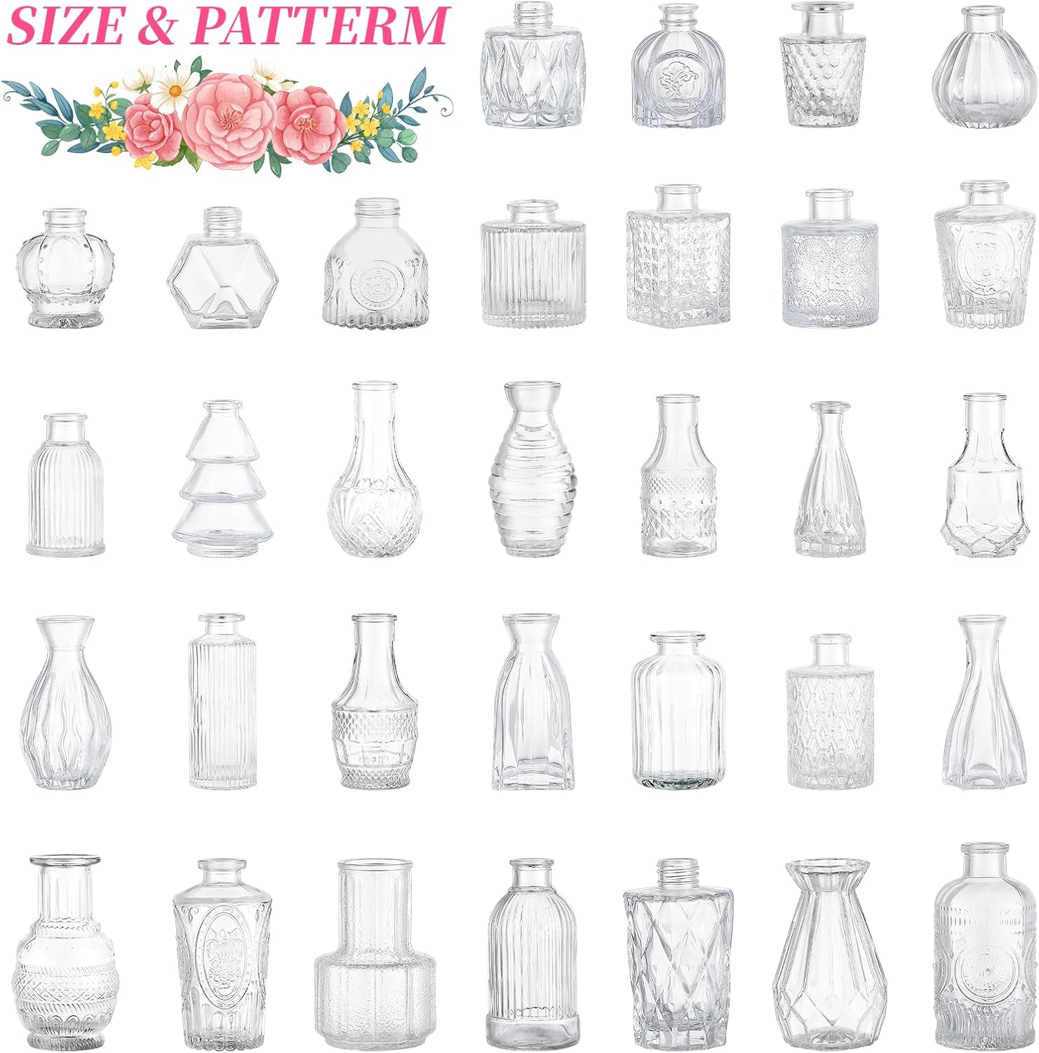 32 Pcs Clear Glass Bud Vases in Bulk, Small Vintage Bud Vase Set for Flowers, Mini Glass Vases for Wedding Centerpieces, Baby Shower, Table Decorations, Event Decor, 3.1"-5.1"