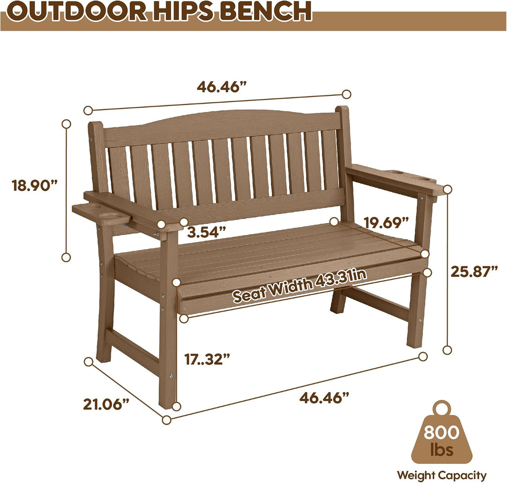 2-Person HIPS Outdoor Benches, Weatherproof Garden Bench with 800 lbs Weight Capacity, Artificial Wood Grains, Never Rot or Fade, Patio Benches for Garden, Porch, Balcony, Backyard,Park, Brown, 1 Pack