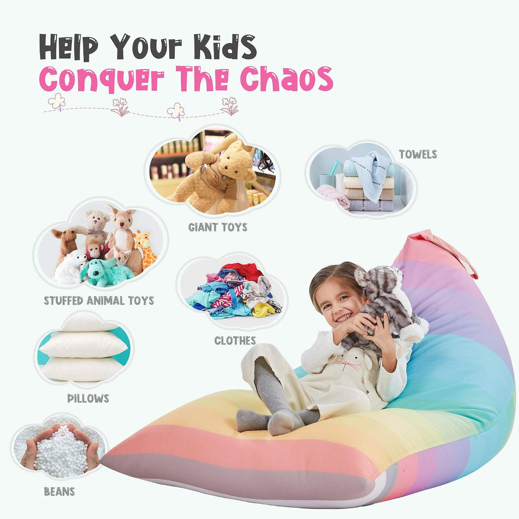 Stuffed Animal Storage Bean Bag Chair Cover for Kids Teens (No Filler) 250L Washable Large Beanbag Cover for Kids Room Organizing Plush Toys or Home Living Room Textile,Rainbow