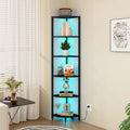 6-Tier Corner Shelf with LED Lights - 65" Tall Narrow Bookshelf, Standing Shelf with Storage Rack, Sturdy Metal Frame & Waterproof Shelves, Rustic Brown, for Living Room/Bedroom/Bathroom