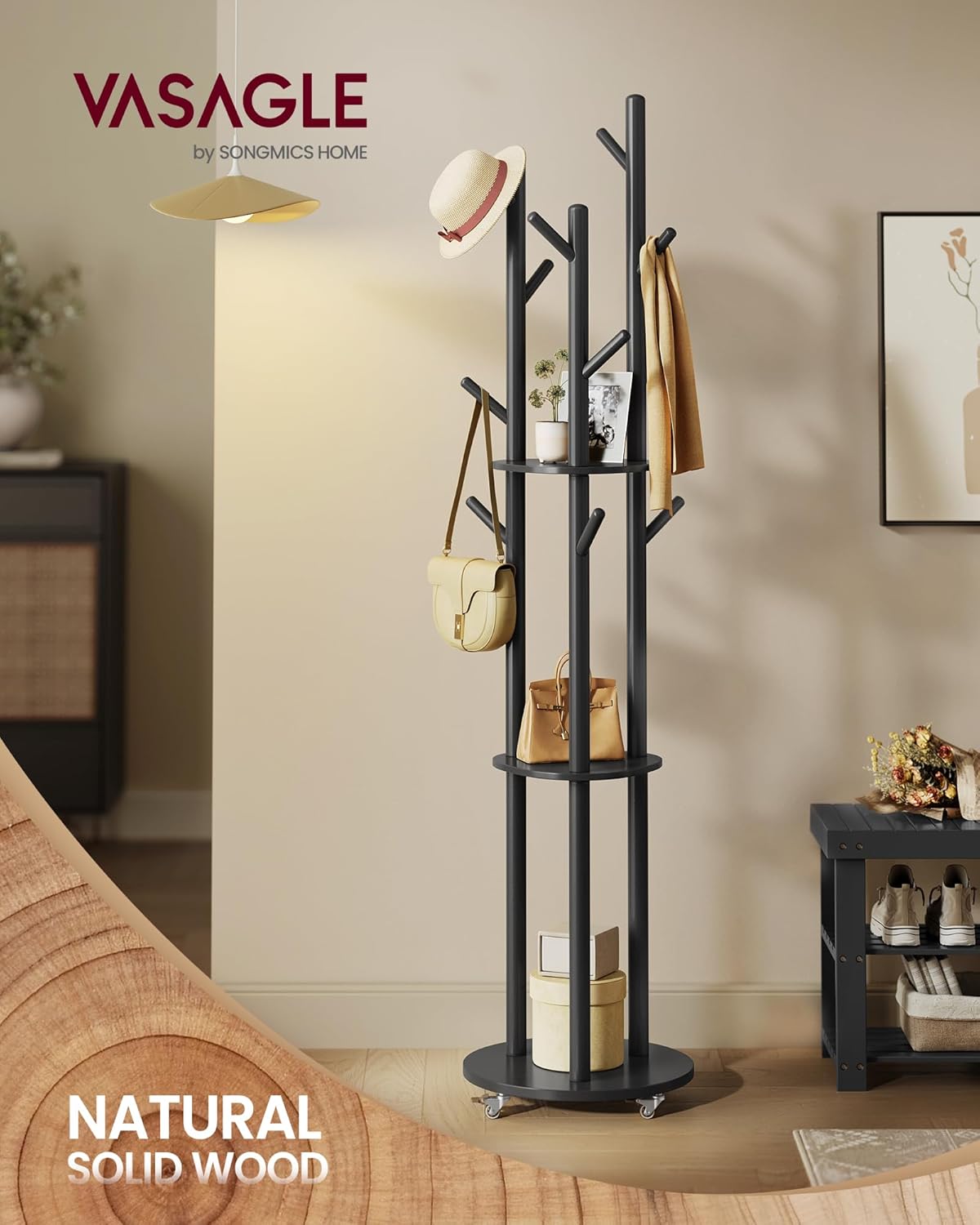 VASAGLE Freestanding Coat Rack Stand, Coat Tree with 11 Hooks, 3 Shelves, 4 Removable 360° Swivel Wheels, Wooden Hooks and Poles, for Entryway, Bedroom, Living Room, Ink Black URCR023B01