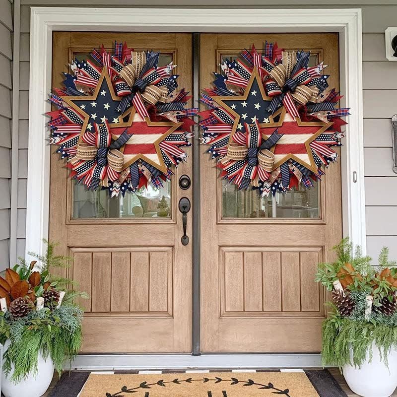 Patriotic Wreaths for Front Door, New 250th Anniversary Decorations, 4th of July Decorations Outdoor, Handcrafted Memorial Day Wreaths, Festival Celebration USA Flag Printed Wreath (D)