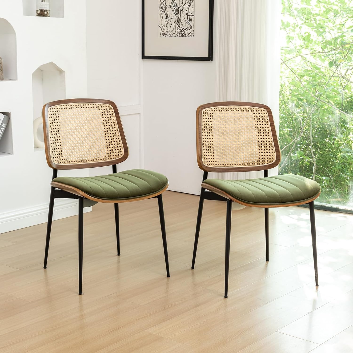 Rattan Dining Room Chairs Set of 2, Mid Century Modern Kitchen Chairs,Green Velvet Walnut Wood Finish Side Chair, Metal Legs Chair with Rattan Backrest,Green Fabric